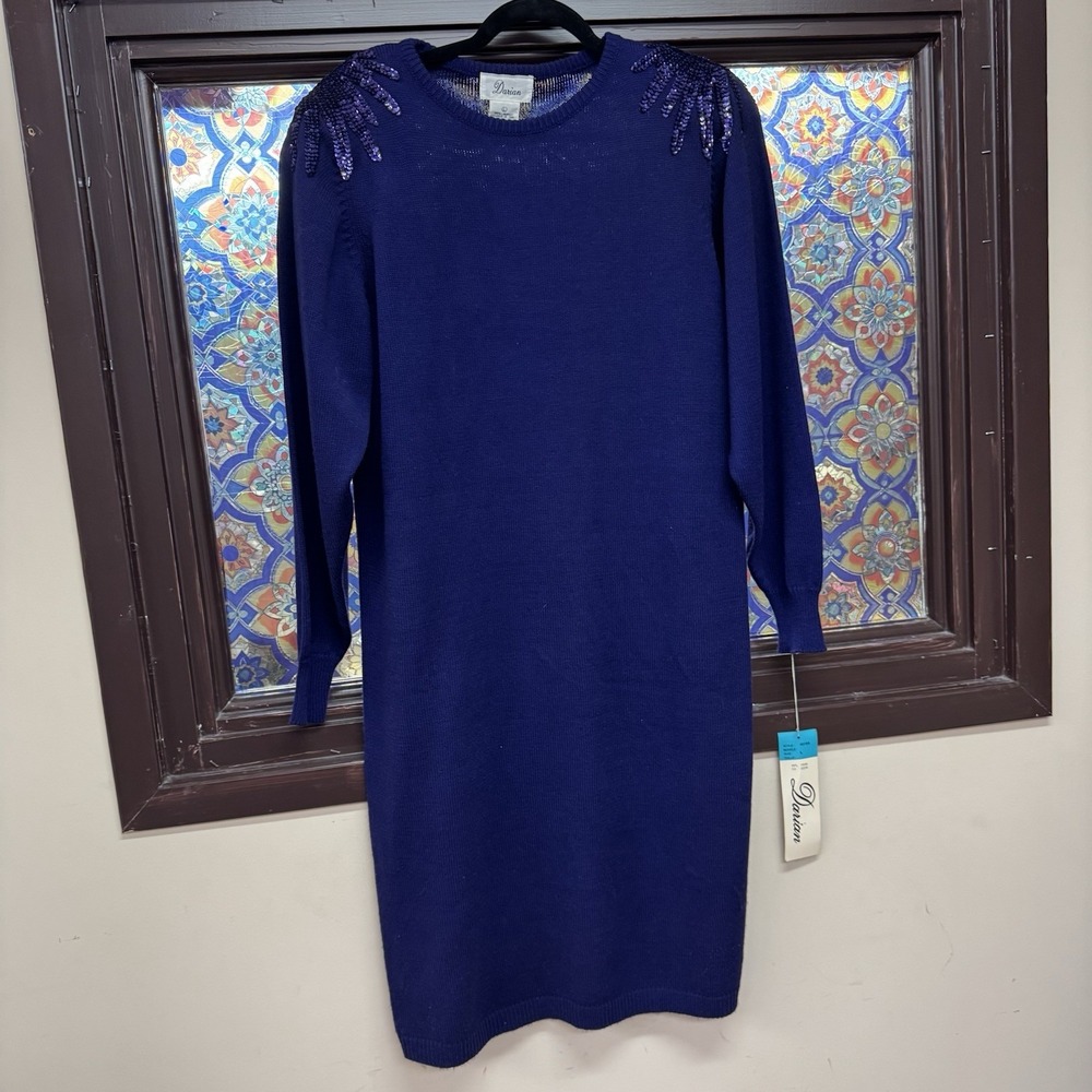 Vintage Darian Embellished Sequin Shoulders Purple Sweater Dress Size L New NWT